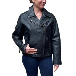 BIKERS DREAM APPAREL HEAVY LEATHER ZIP UP BRAIDED TRIM MOTORCYCLE MOTO JACKET